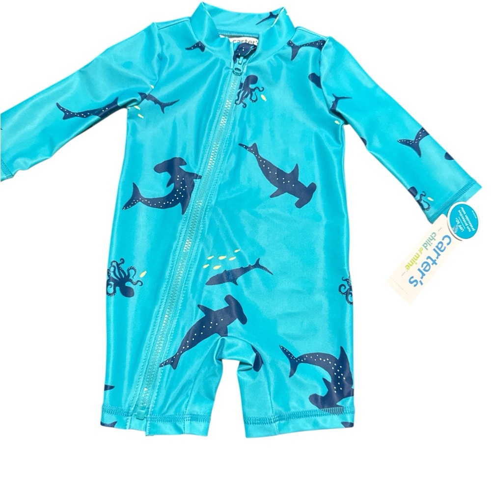 Carter's Turquoise Blue Hammerhead Shark One-Piece Rashguard Swim Suit NWT